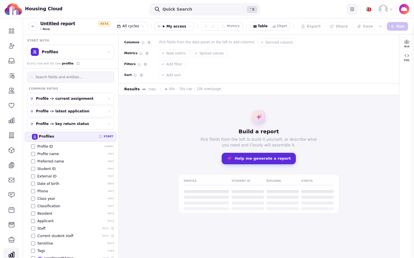 The empty report builder with Help me generate a report