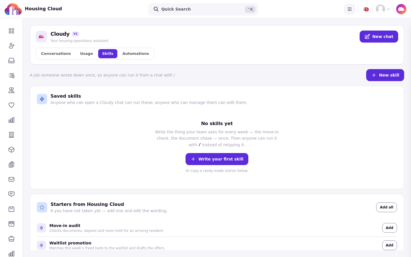 The Cloudy Skills tab with the Starters from Housing Cloud card