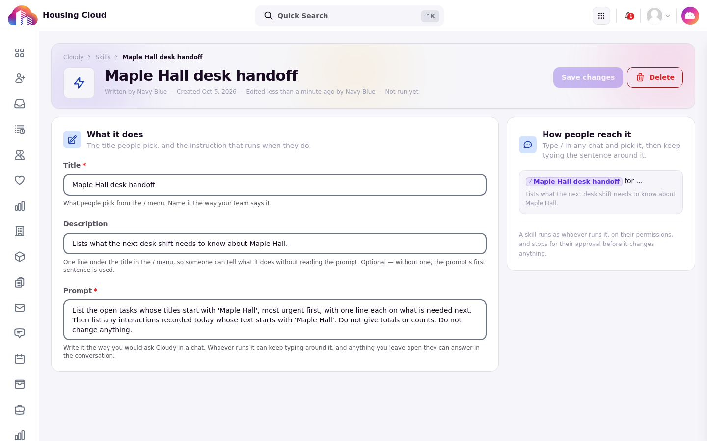 The saved Maple Hall desk handoff skill page