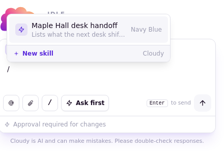 The skills menu listing Maple Hall desk handoff