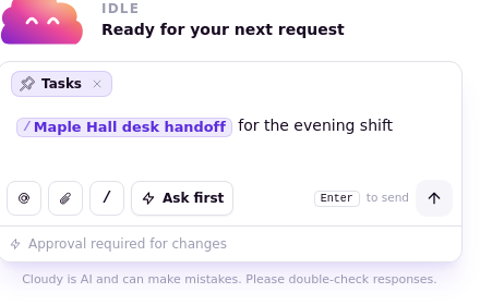 The skill pill in the message box with text typed after it