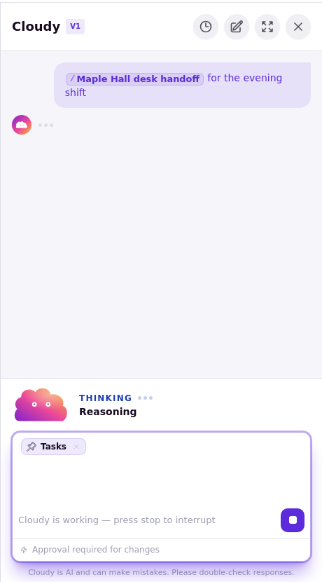 The sent skill message with Cloudy working