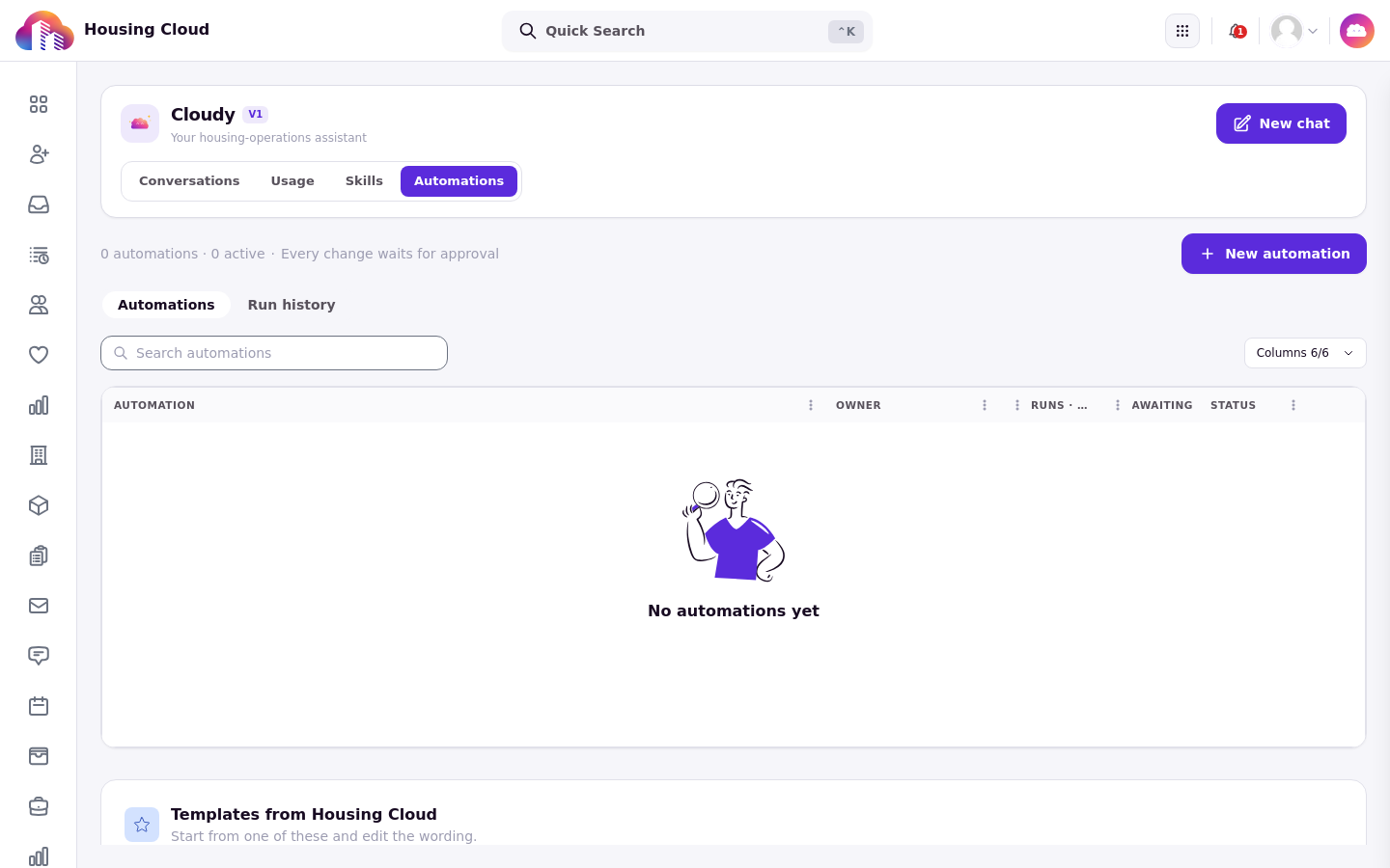 The Cloudy Automations tab with its empty list and New automation button
