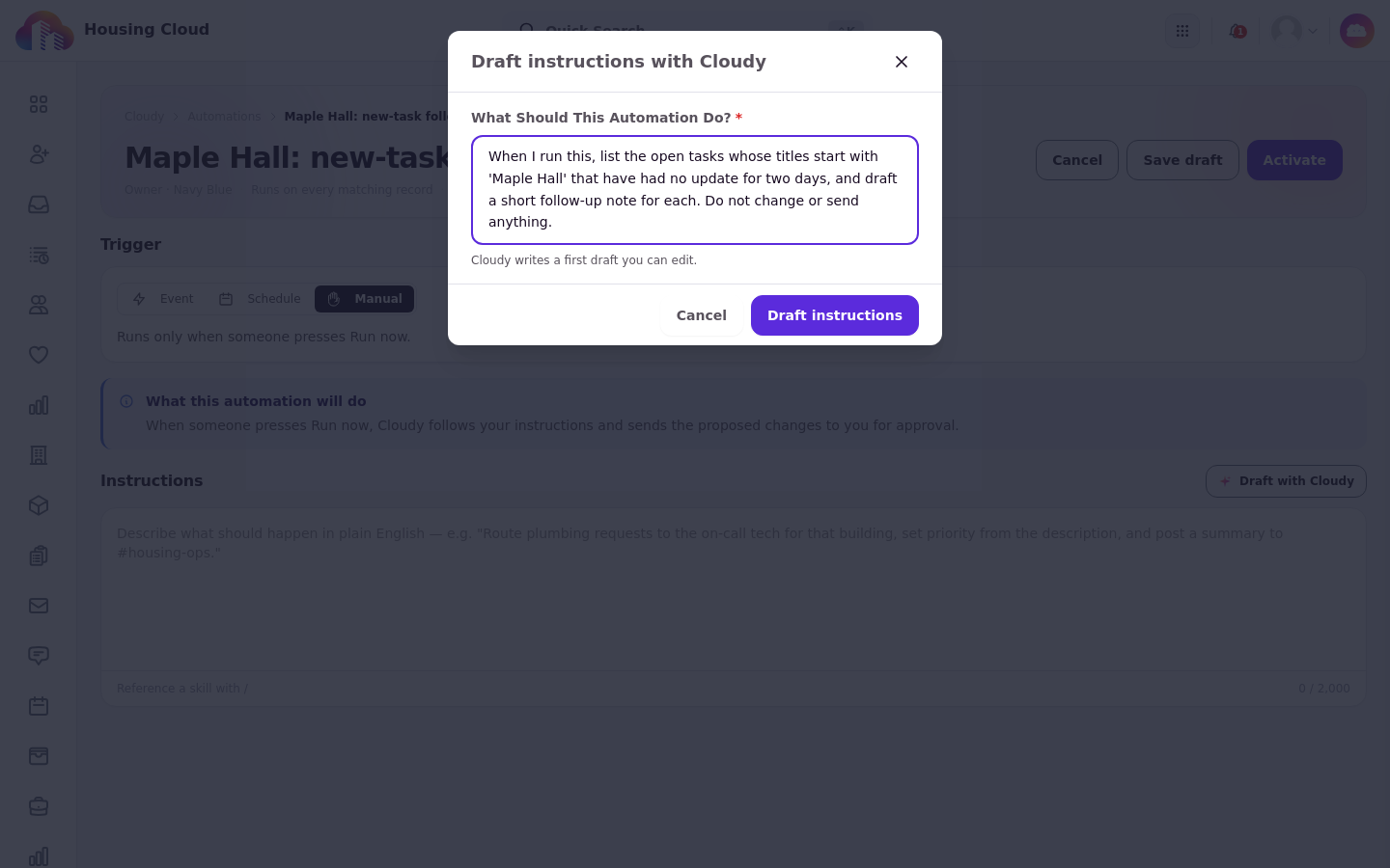 The Draft instructions with Cloudy dialog with the request typed