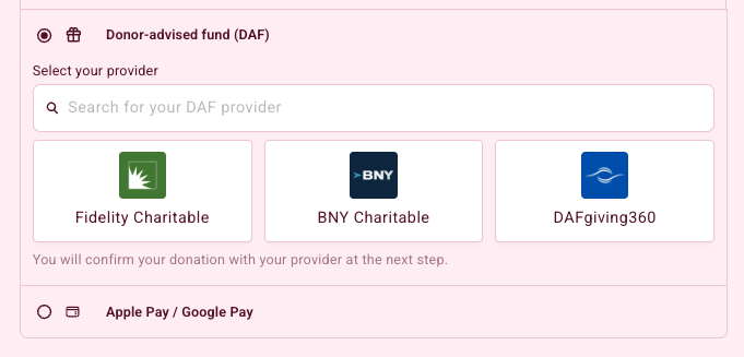 Zahlungsauswahl mit der Option „Donor-advised Fund (DAF)“ und einer Liste von Anbietern