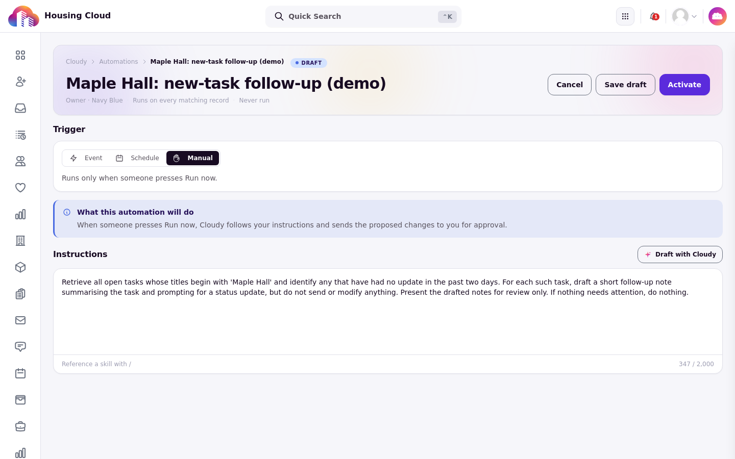 The automation editor with drafted instructions and the Manual trigger
