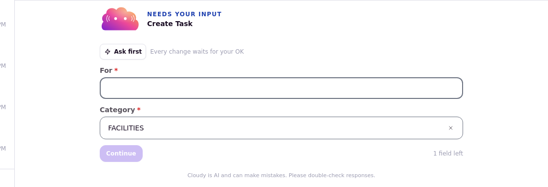 A Cloudy card waiting for input while the message box is hidden