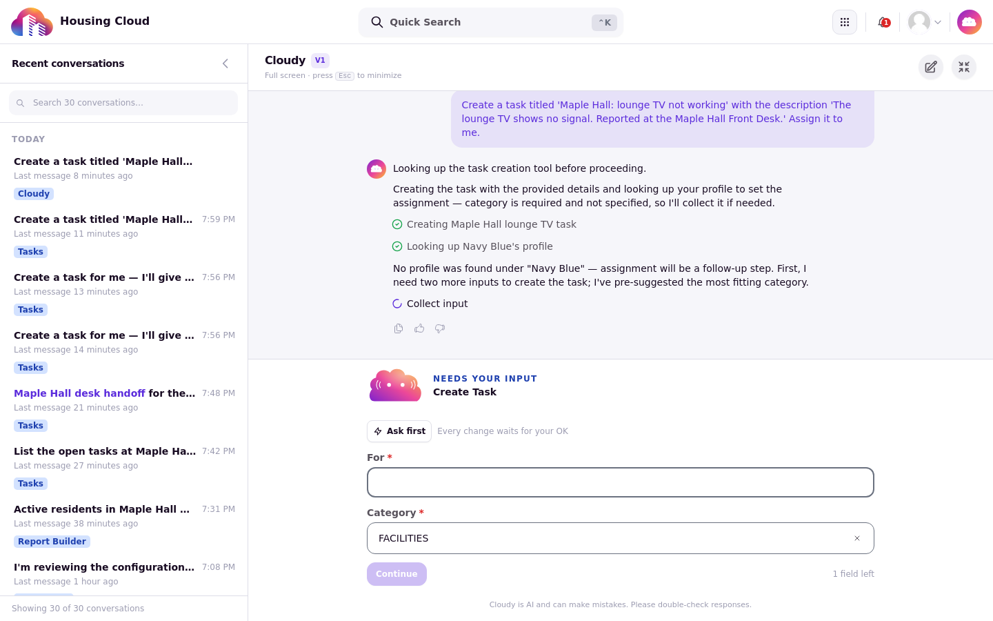 A past conversation reopened on the full Cloudy page