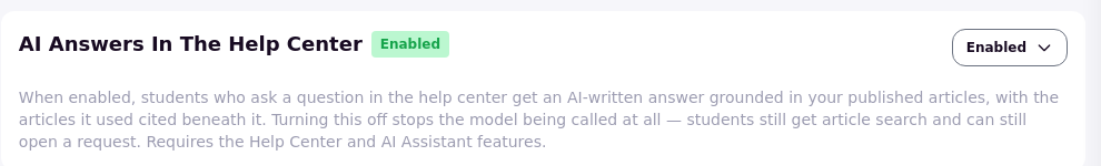 The AI Answers In The Help Center card in Feature Management, Enabled