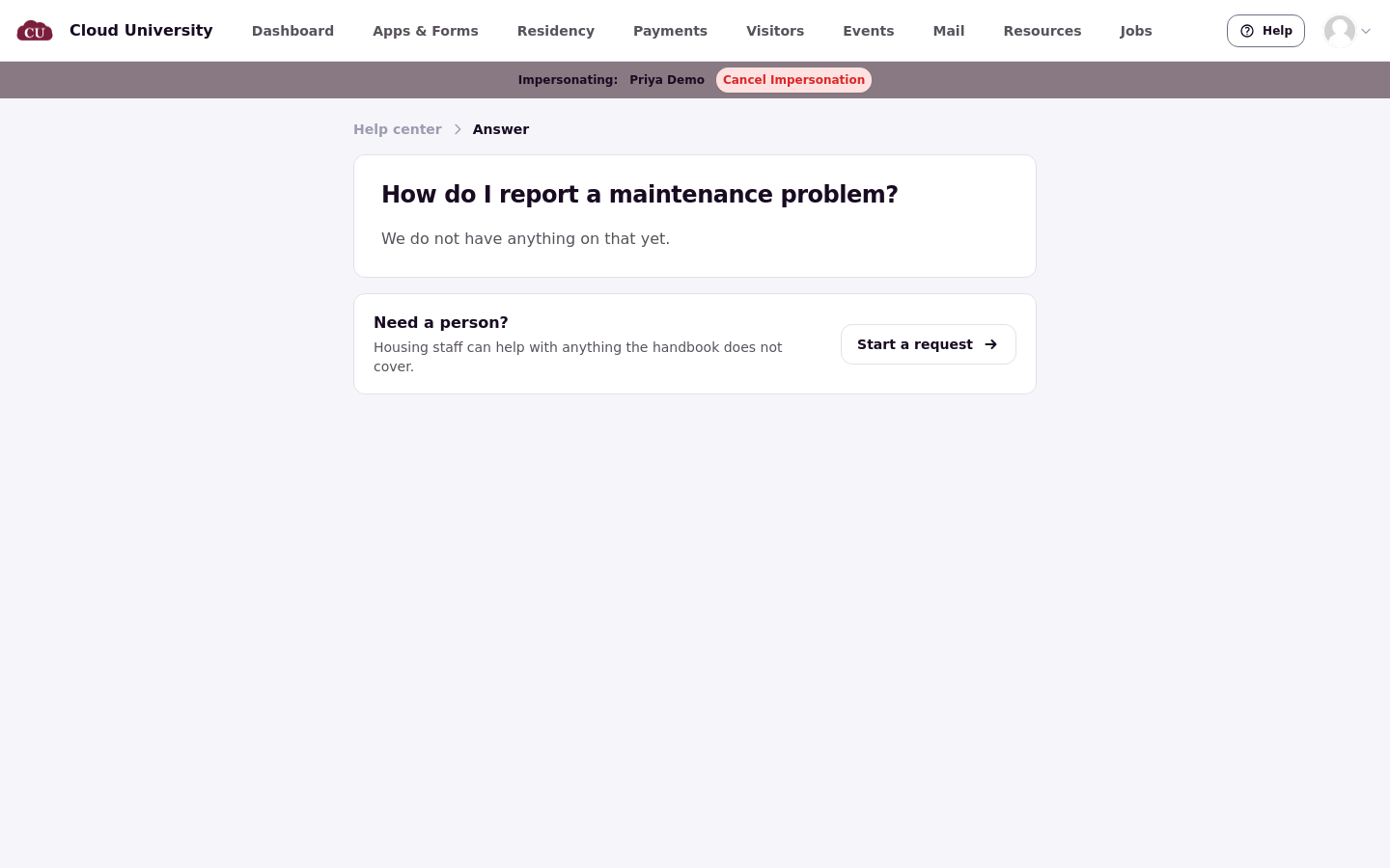 The student help center showing the empty answer state
