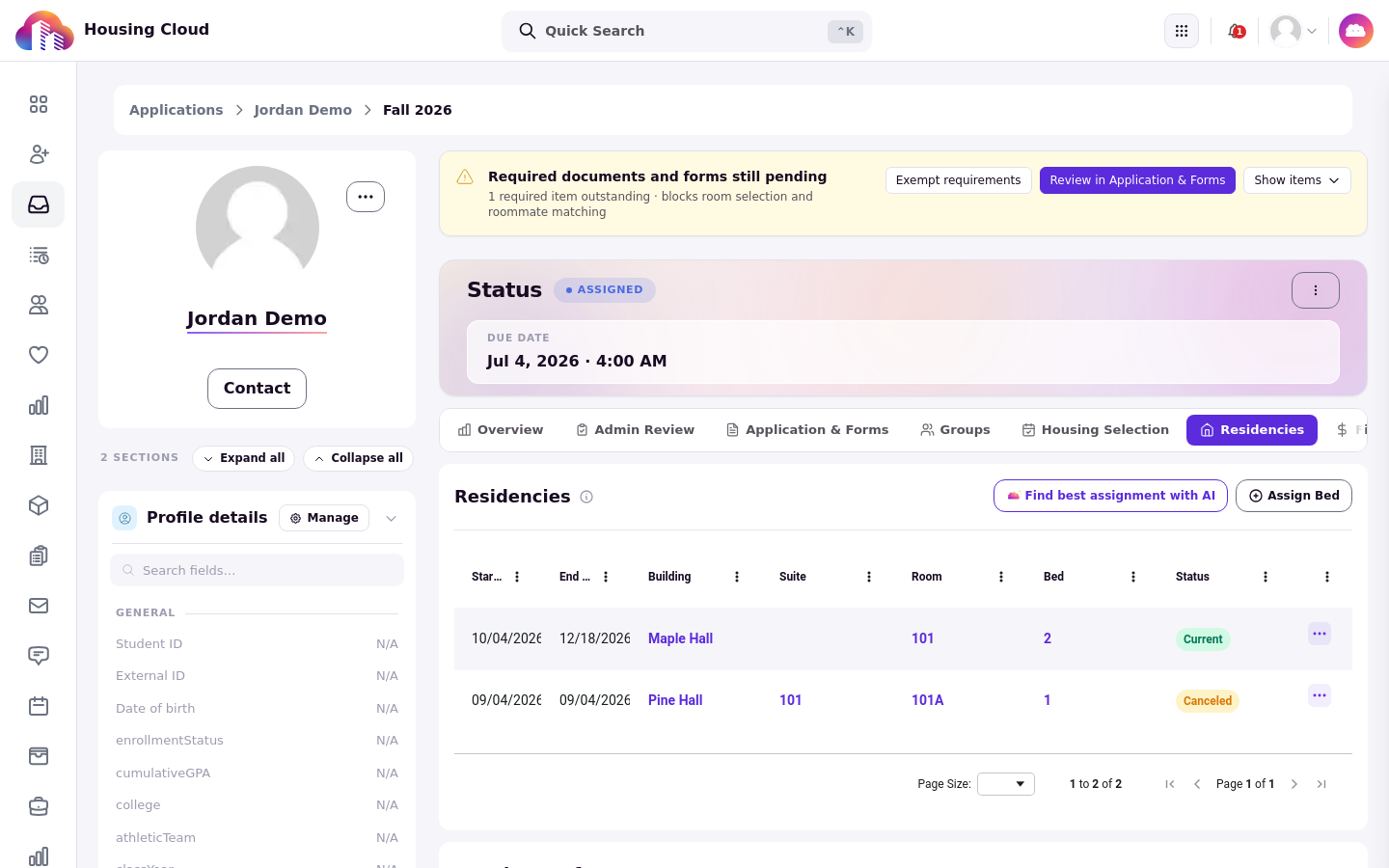 The Residencies card header with the Find best assignment with AI button
