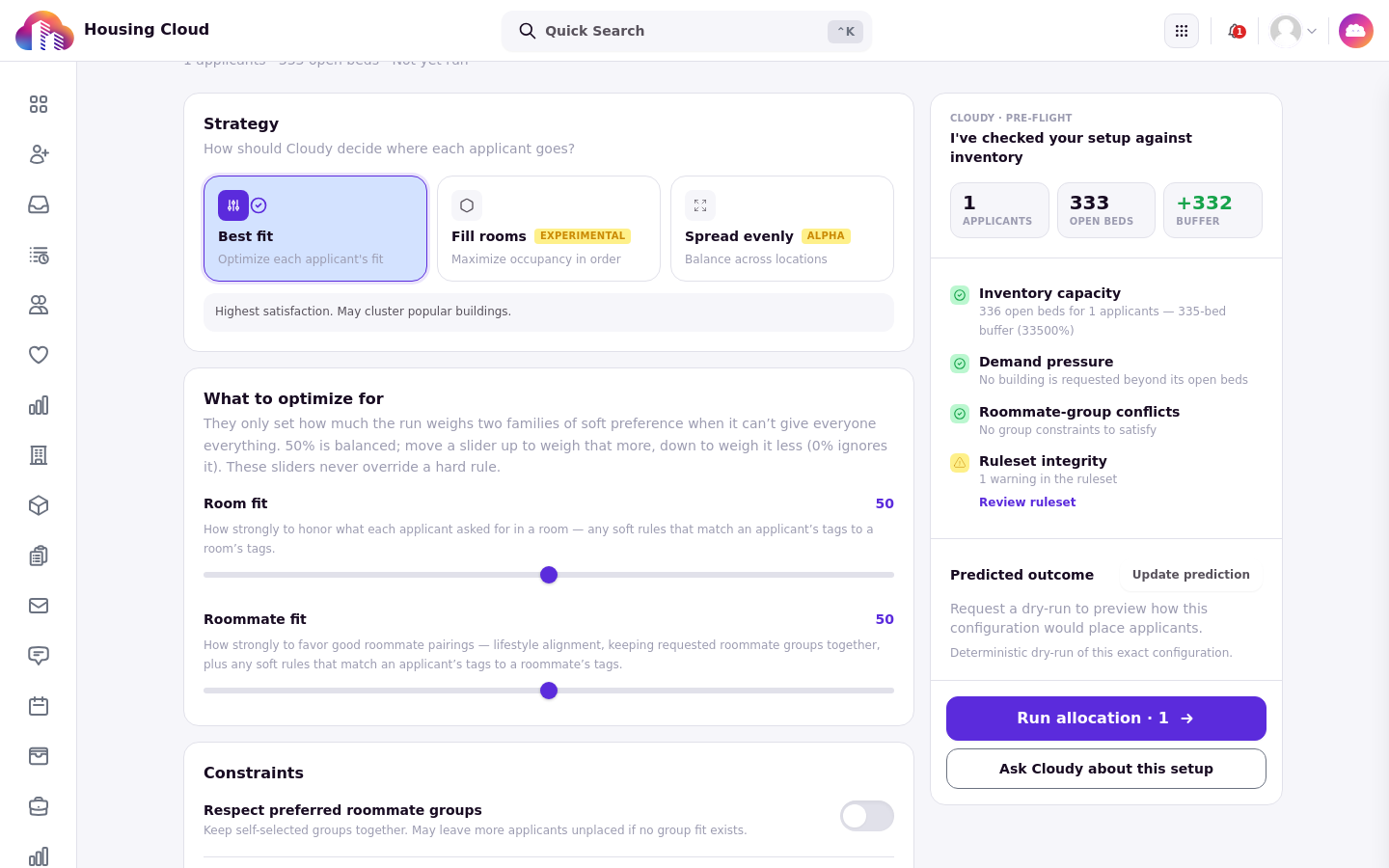 The Automatic assignment setup cockpit