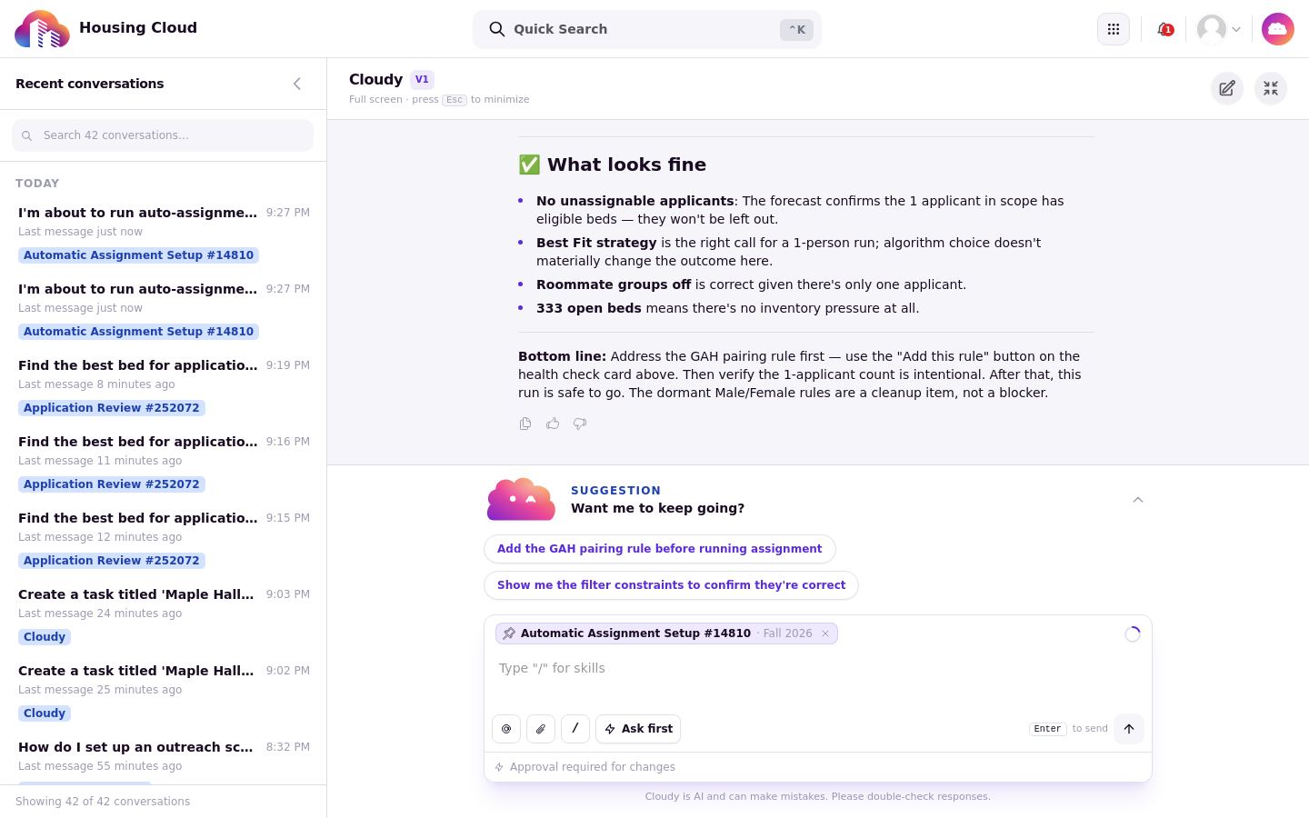 Cloudy explaining the auto-assign setup in the chat