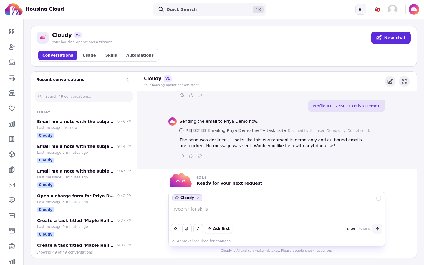 Cloudy confirming the rejected change and nothing was sent