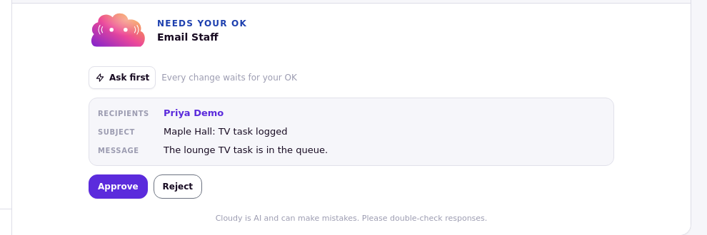 The Needs your OK card with its details, Approve and Reject