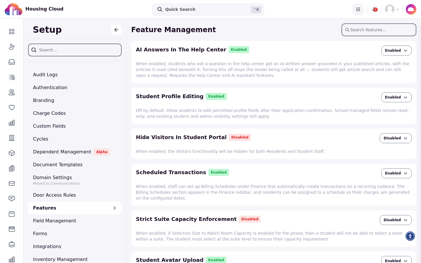 Feature Management page in Setup with the AI Answers In The Help Center card set to Enabled