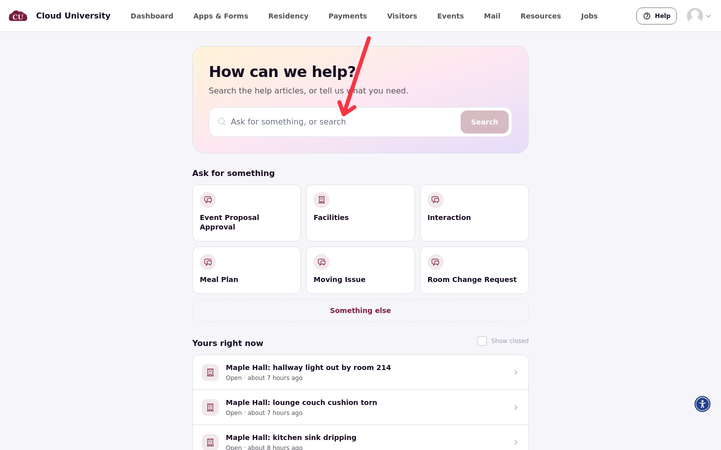 Help center home with a lockout question typed into the search box