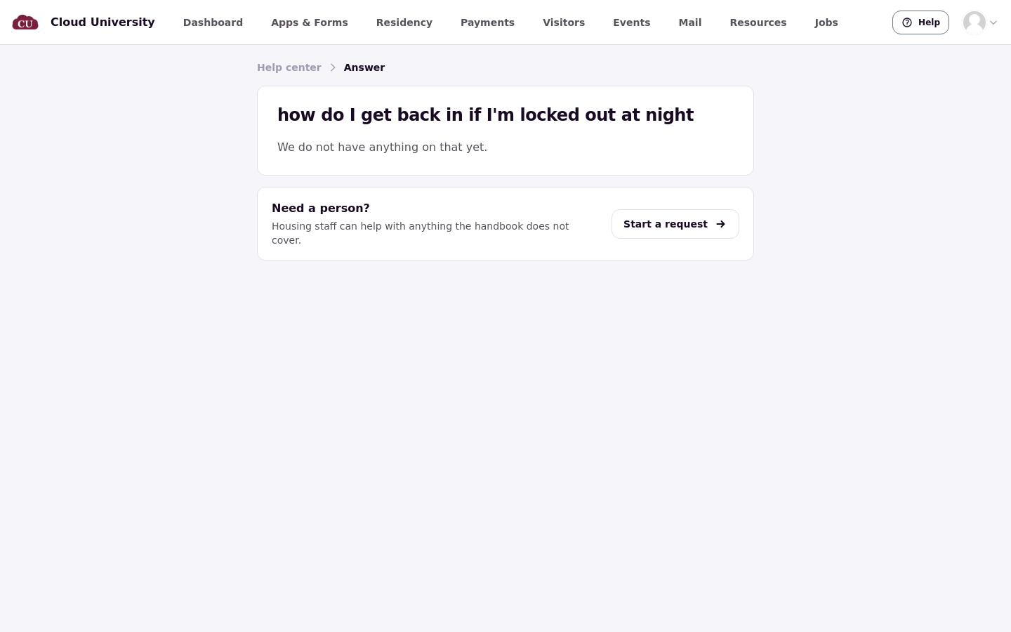 Answer page showing We do not have anything on that yet for a question no article covers