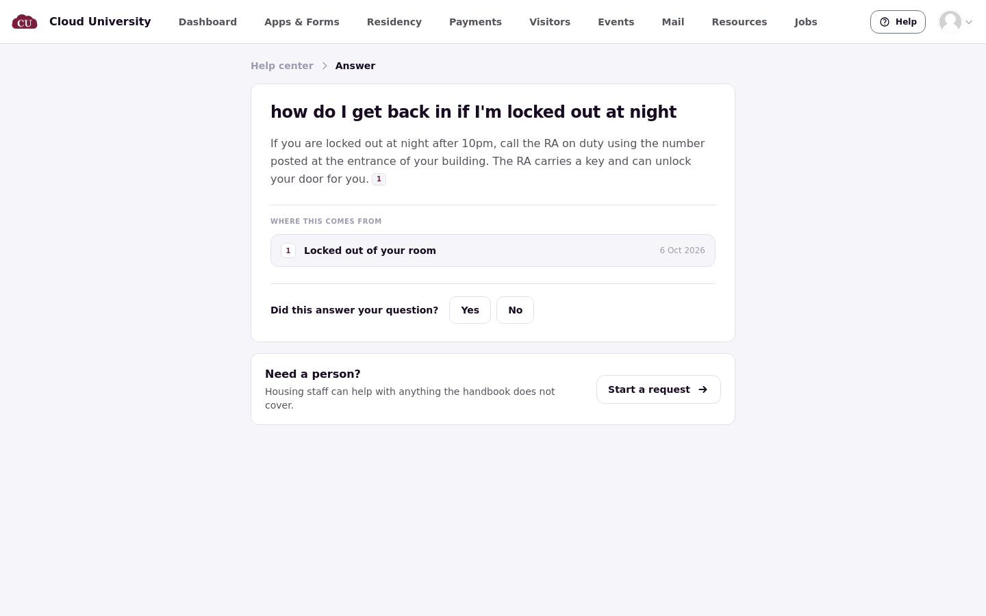 Answer page showing the lockout answer with the cited article Locked out of your room under Where this comes from