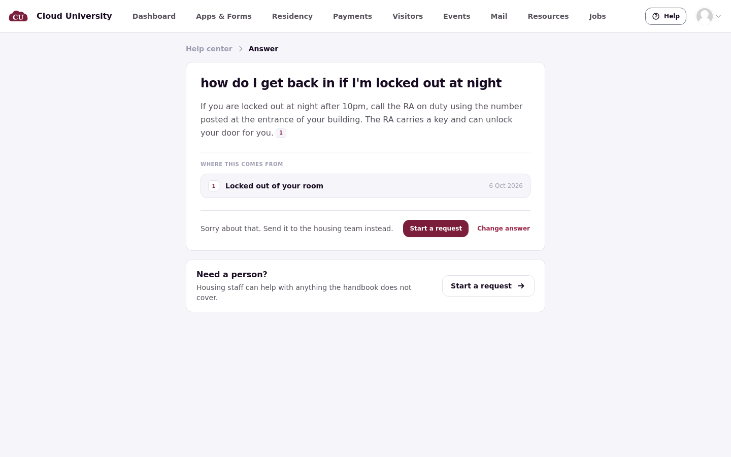 After choosing No, the answer page explains the issue can be sent to the housing team and offers a Start a request button