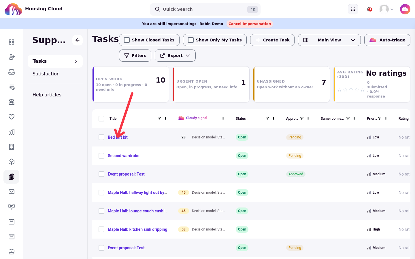 The Tasks queue with the Bed loft kit request waiting for a decision