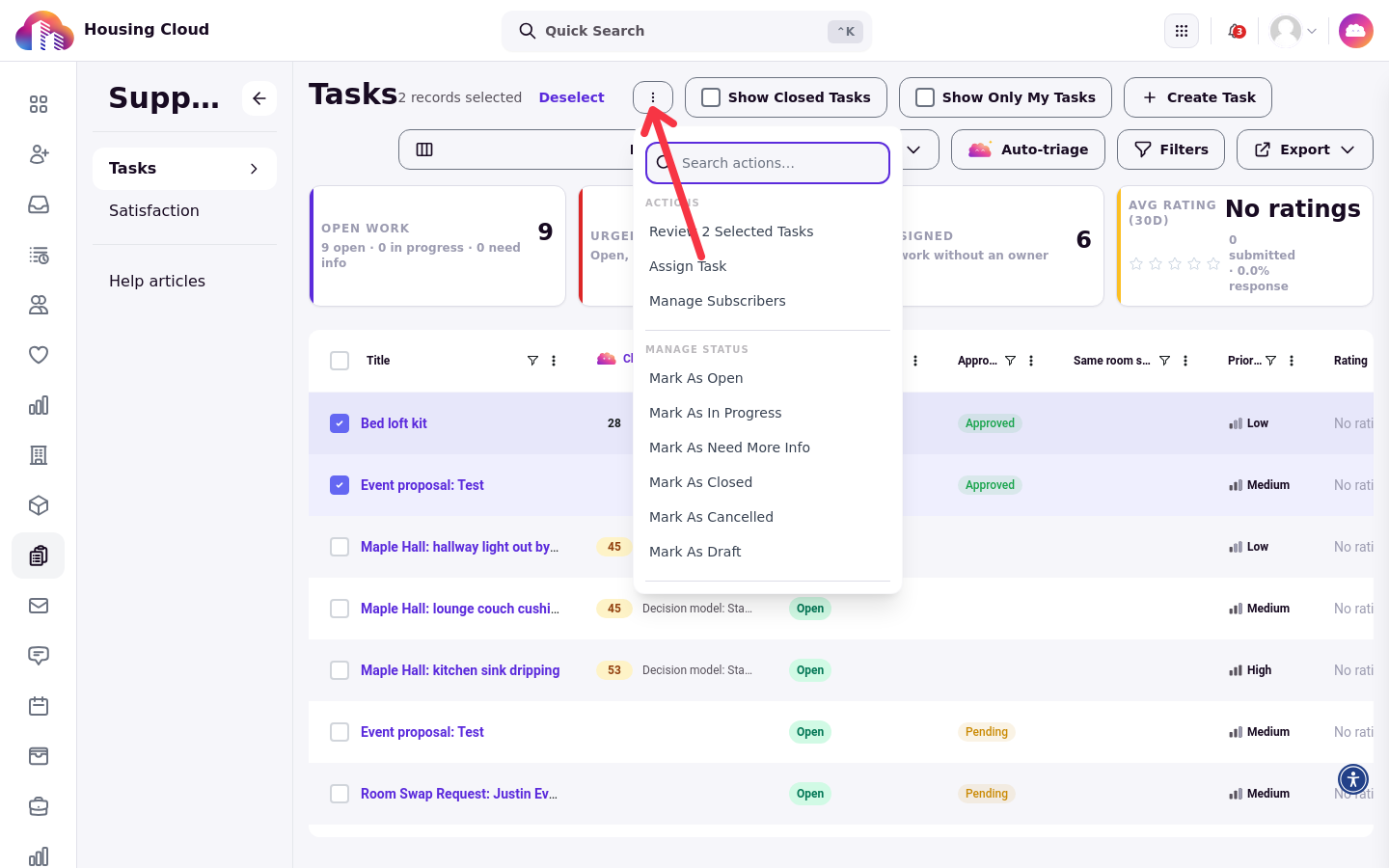Two tasks selected in the Tasks queue with the bulk actions menu open, showing the Actions group and the Manage Status group