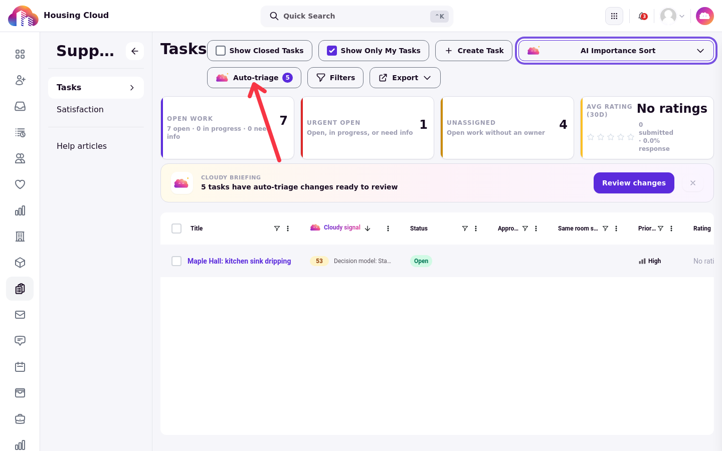 The Tasks queue with the Cloudy briefing banner saying 5 tasks have auto-triage changes ready to review, and the Auto-triage button showing a count badge.