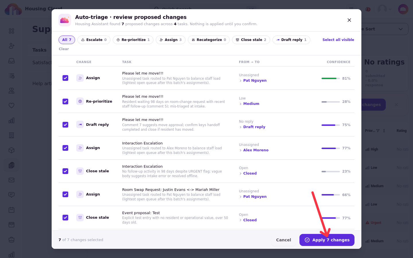The Auto-triage review window listing proposed changes by kind with reasons and confidence bars, with the Apply 7 changes button in the footer.