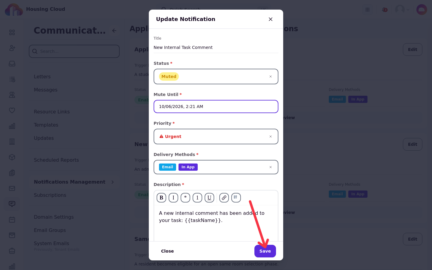 The Update Notification dialog for New Internal Task Comment with Title, Status, Mute Until, Priority, Delivery Methods, Description, and the Save button