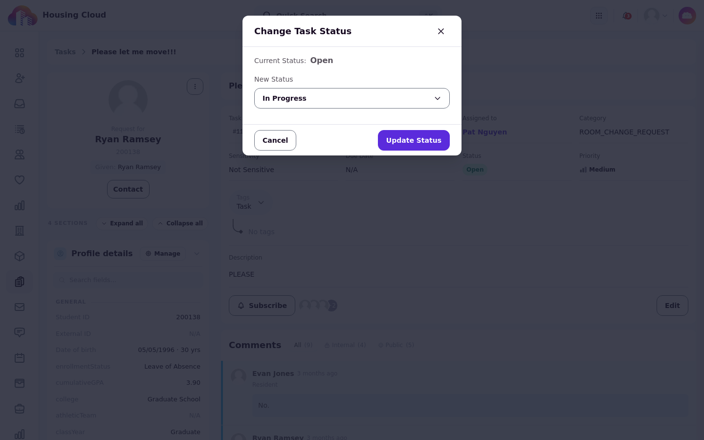 The Change Task Status modal with In Progress selected in New Status