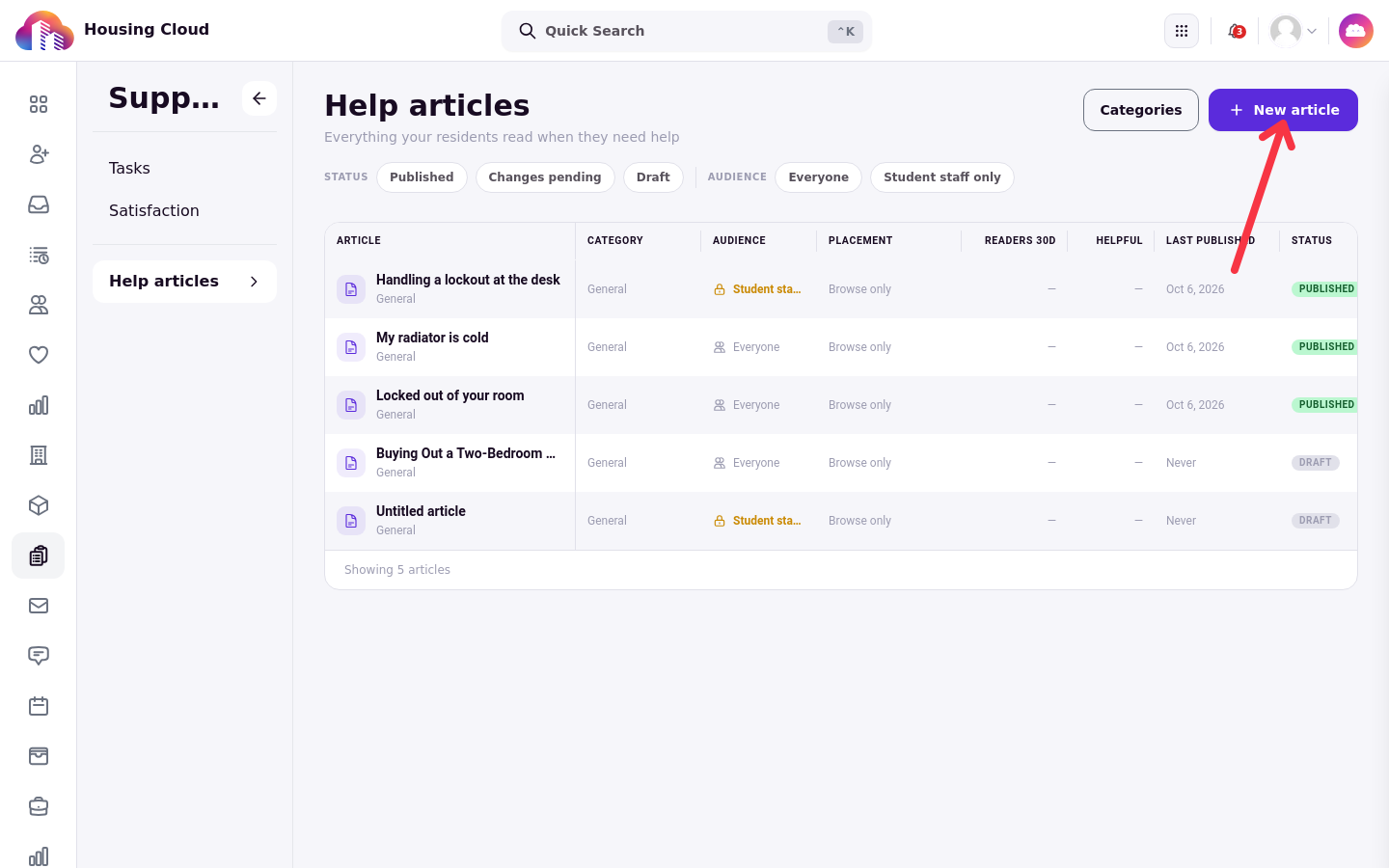 The Help articles list with the New article button and Categories