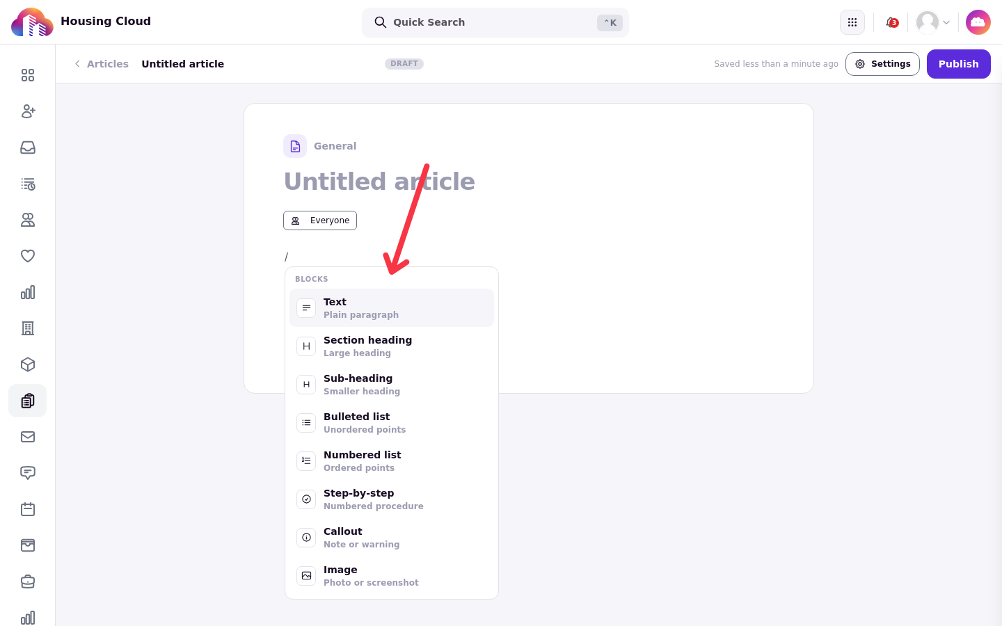 The block menu opened by typing / in a new article