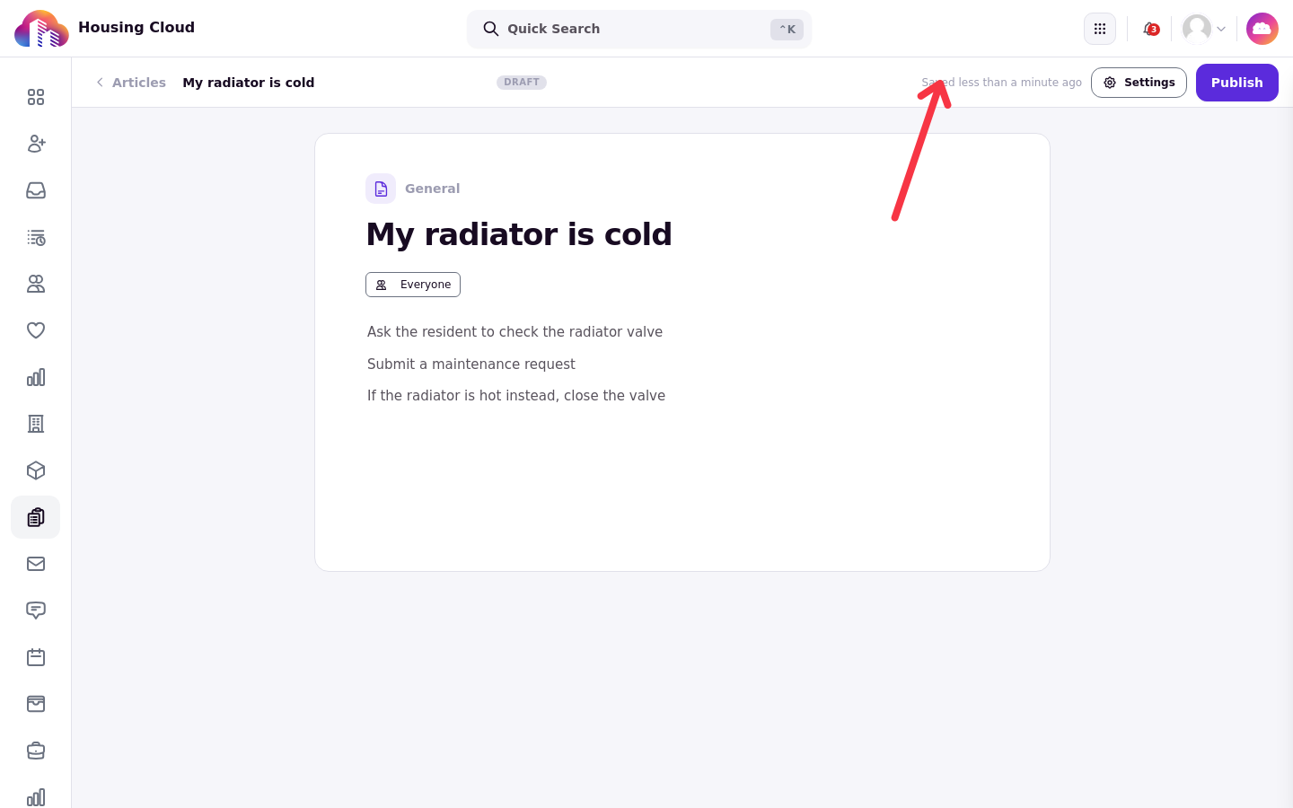 The draft My radiator is cold with the header showing Saved less than a minute ago