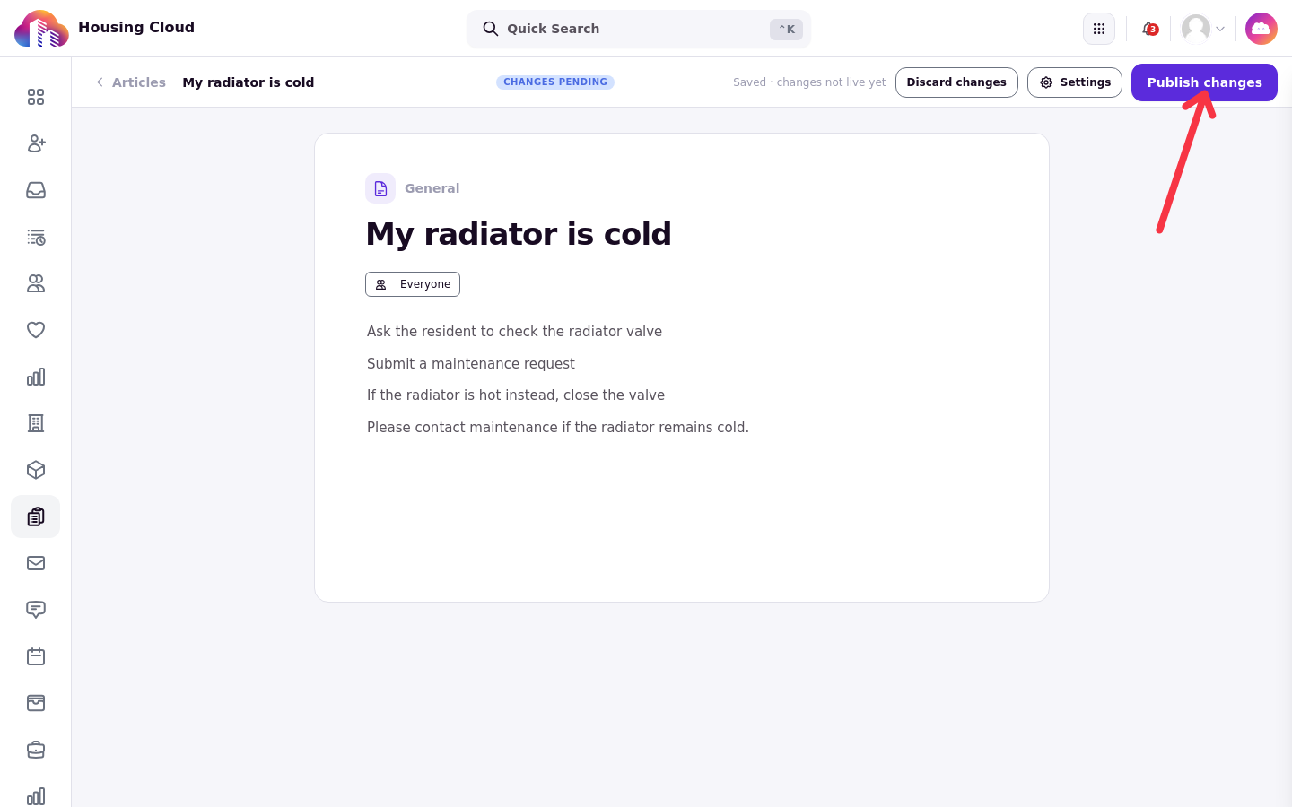 The header showing Changes pending with the Publish changes button