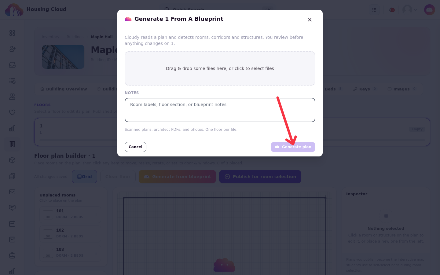 Blueprint upload window with the file drop area and the Generate plan button