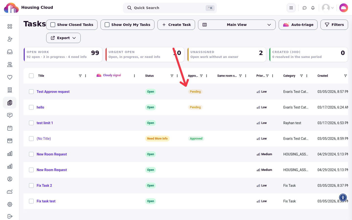 The Tasks queue with an Open task row highlighted