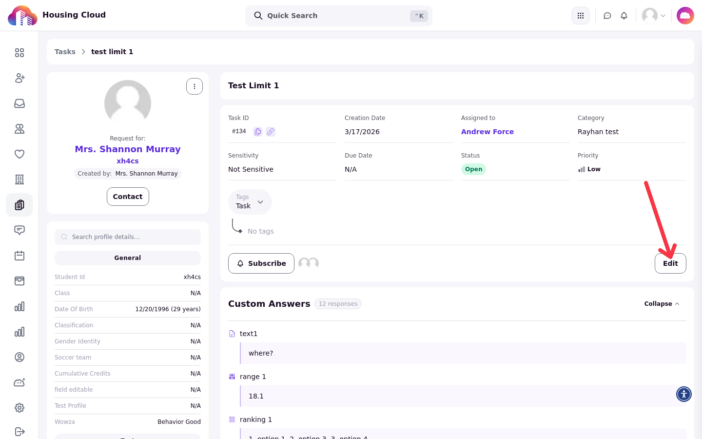 Task detail page showing Request for, the resident profile card, the task details and the Edit button