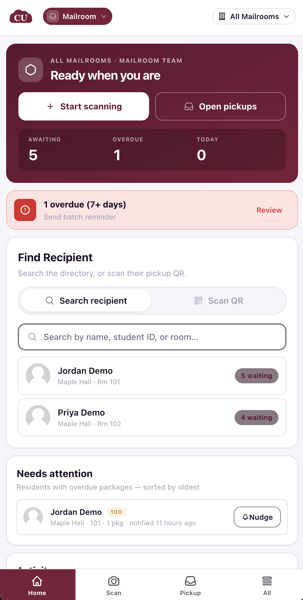 The Mailroom Home screen on a phone, with awaiting, overdue, and today counters, a Find Recipient search, and a Needs attention list