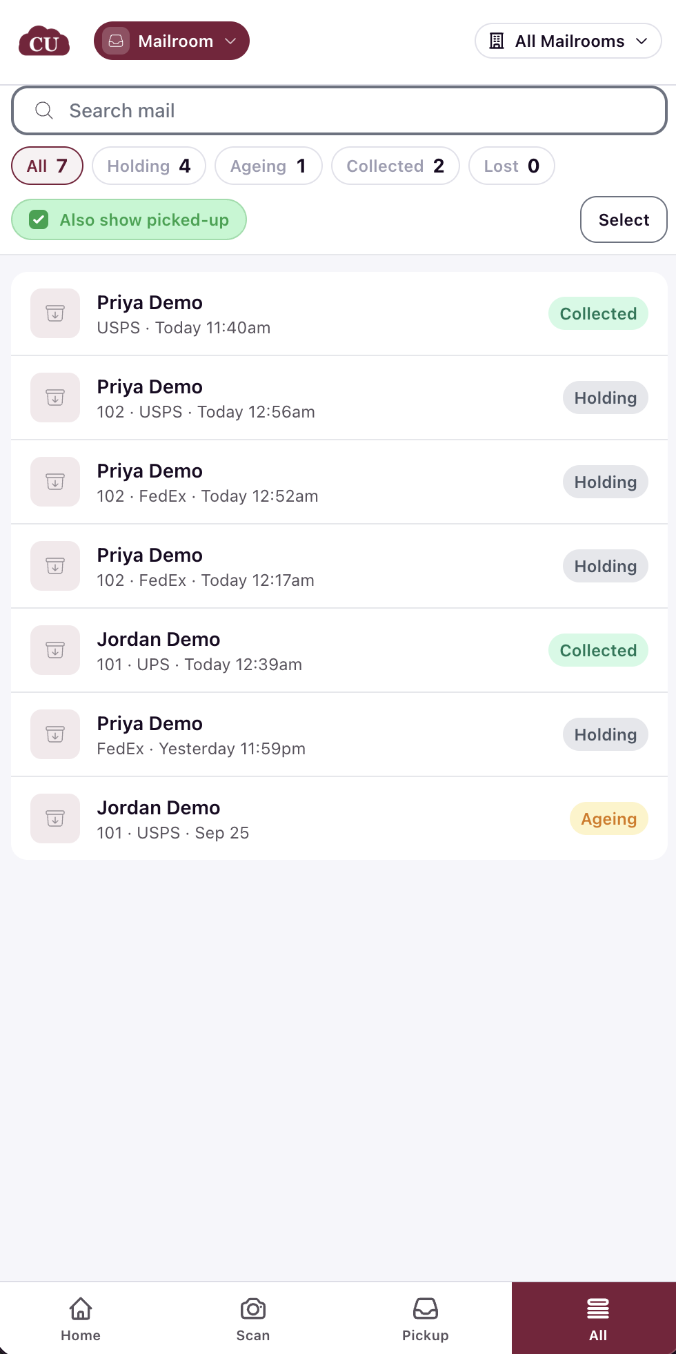 The Mailroom All screen on a phone, showing search, status filters with counts, and the mail list