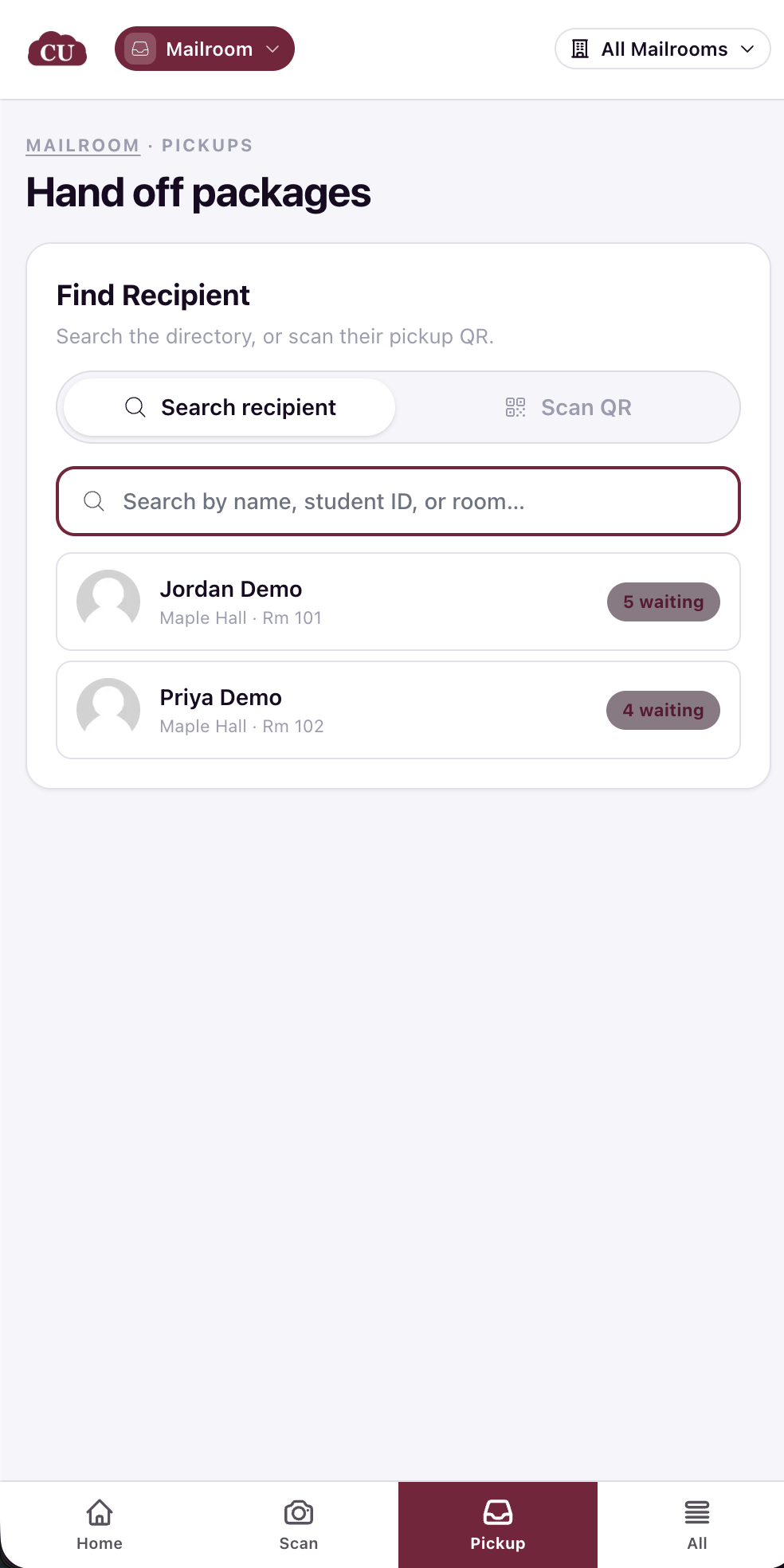 The Mailroom Pickup screen on a phone, showing the Find Recipient search with Search recipient and Scan QR tabs