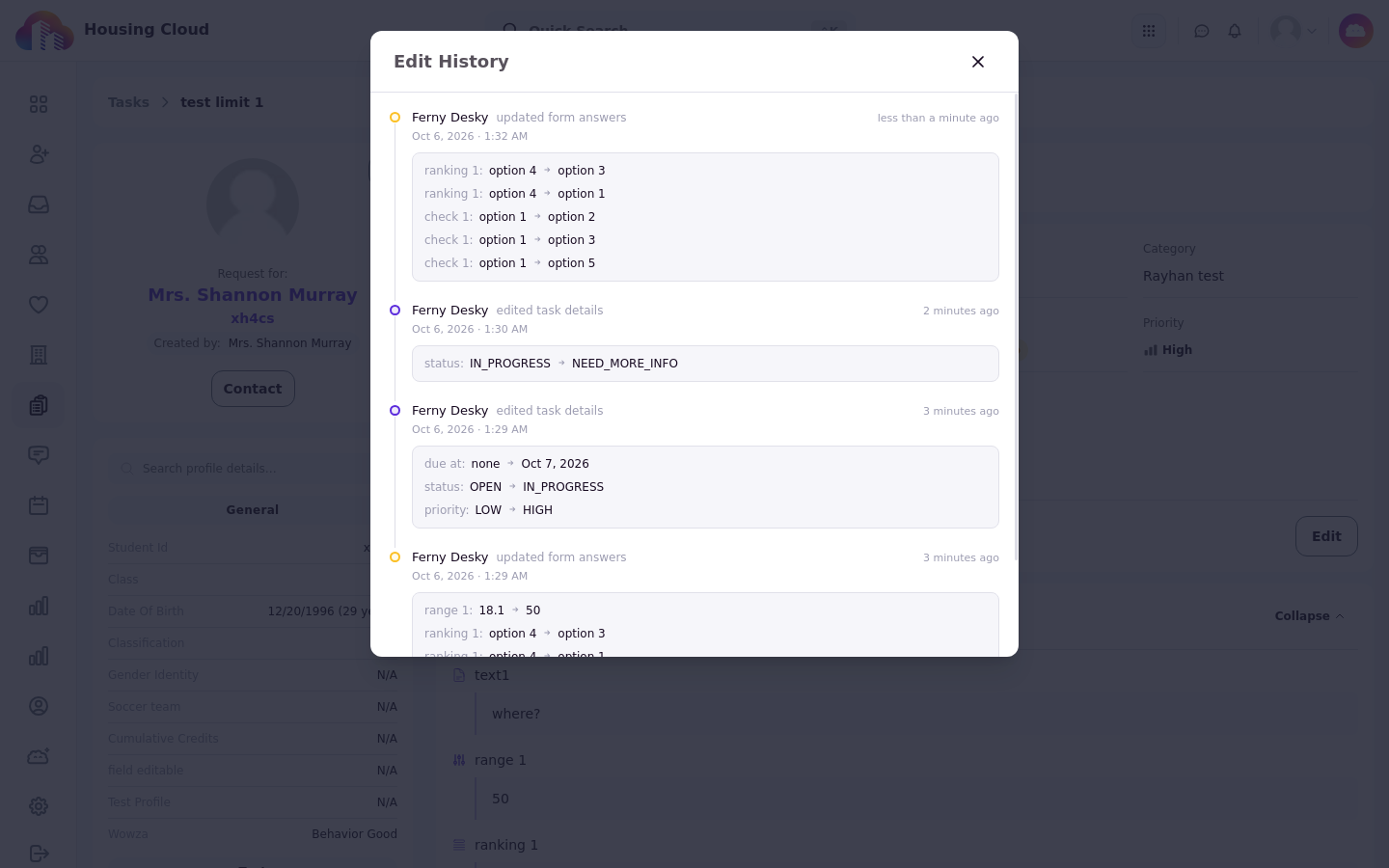 The Edit History modal listing who changed what
