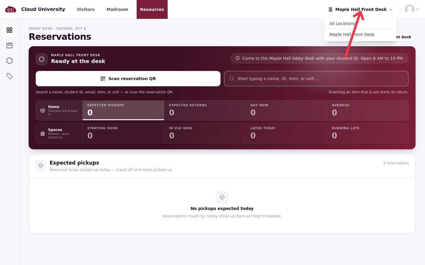 The location picker in the top bar, open to show All Locations and Maple Hall Front Desk