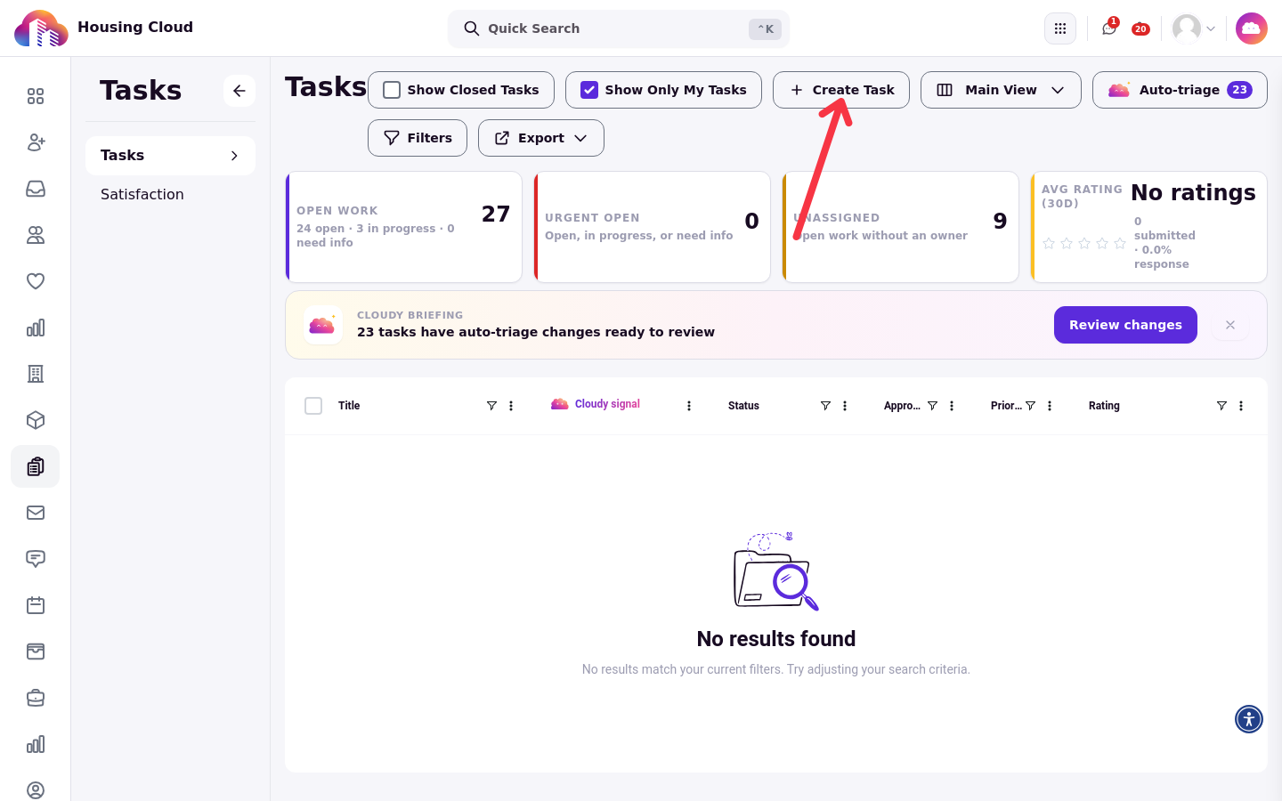 The Tasks queue with the Create Task button in the toolbar