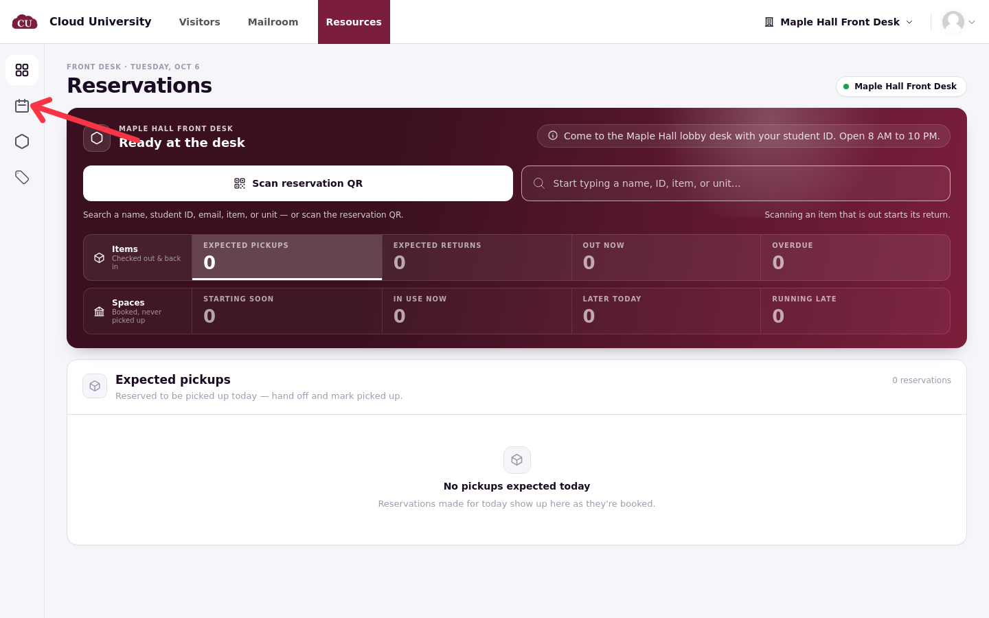 The front desk dashboard with the side rail showing Dashboard, Reservations, Units, and Resource Types