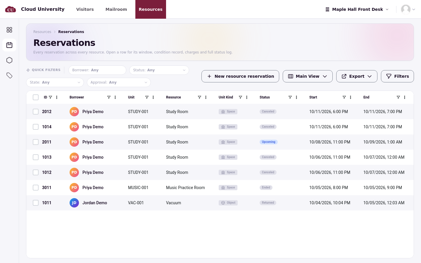 The Reservations page in the desk view, with quick filters and the reservation list