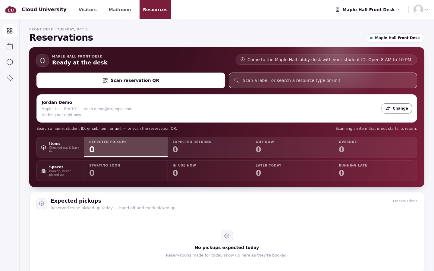 Searching Jordan Demo brings up their card with building, room, email, and what they have out