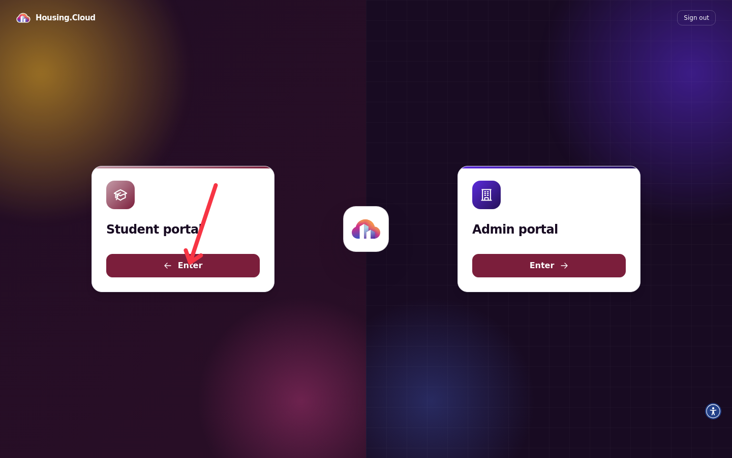 Portal selection screen with Student portal and Admin portal cards