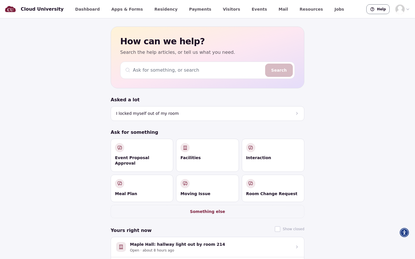 Help page with the Ask for something section, its category tiles, Something else, and the resident's open requests