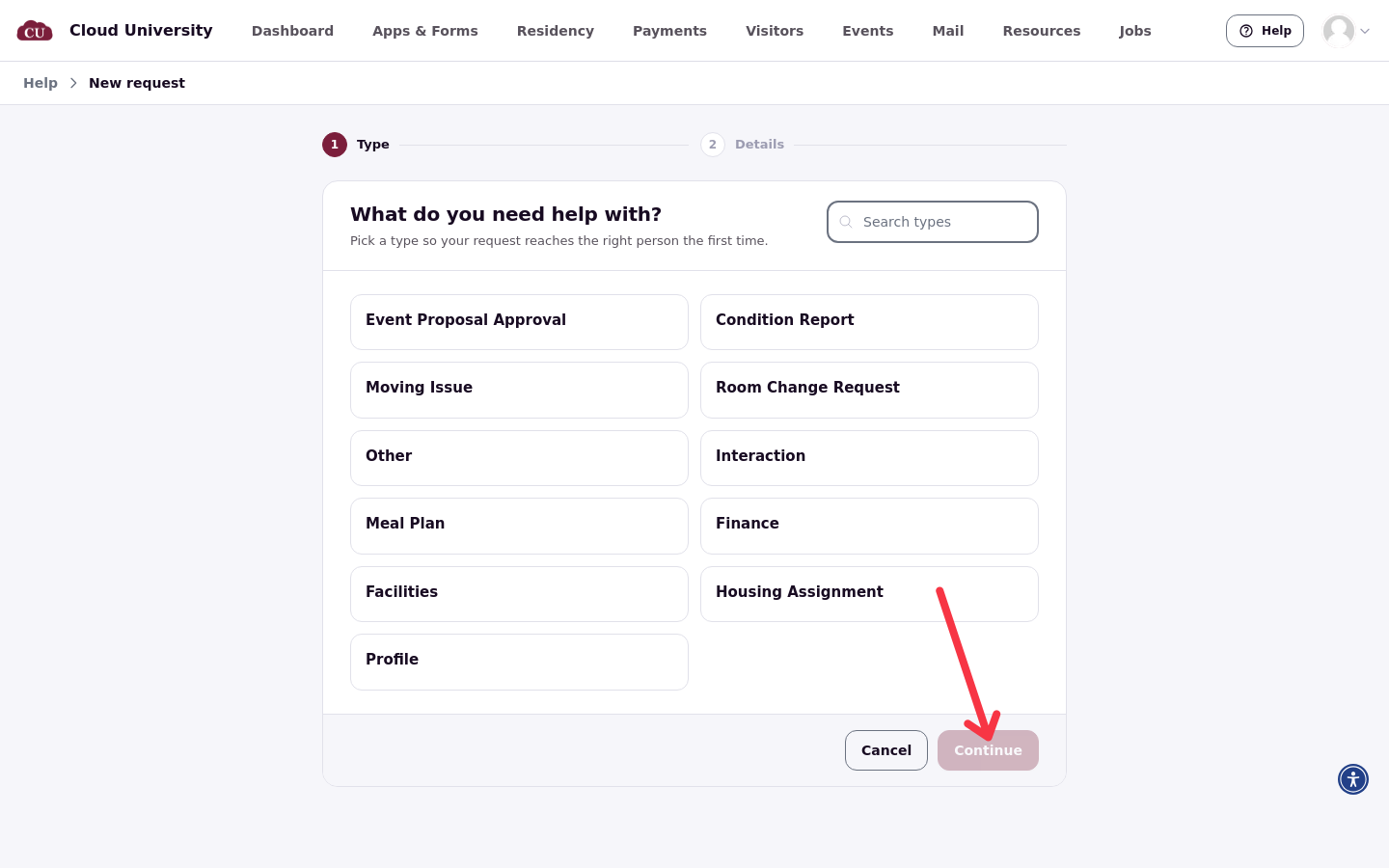 Type step with the request type list, the Search types box, and the Continue button