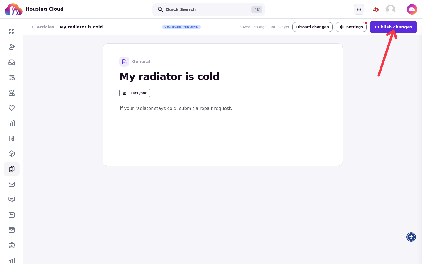 Article header with a dot on Settings and a Publish changes button